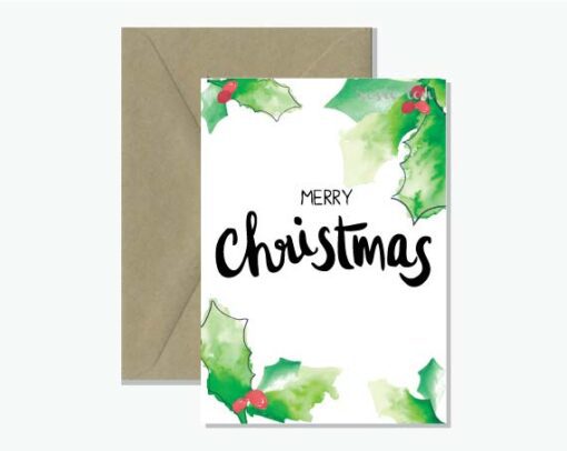 Merry Christmas Card Watercolour Holly